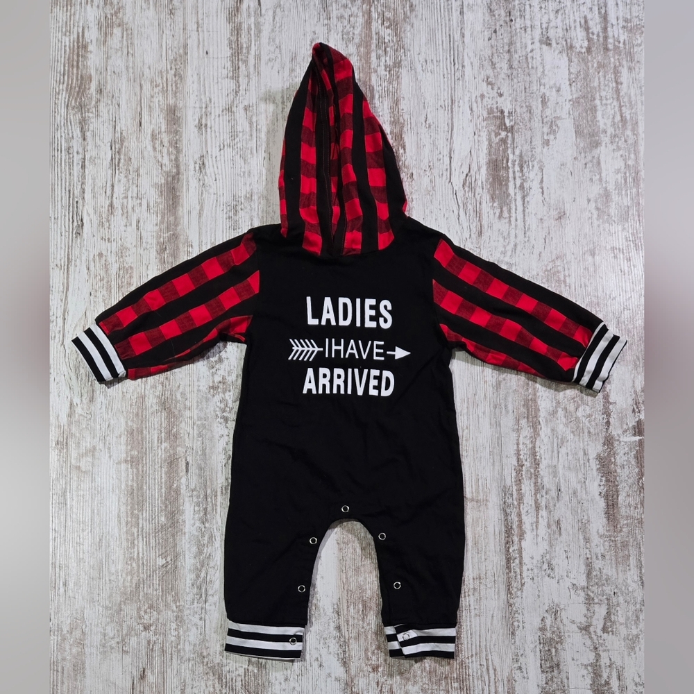 "Ladies I Have Arrived" Red and Black Plaid Hooded Baby Romper 9-12M
